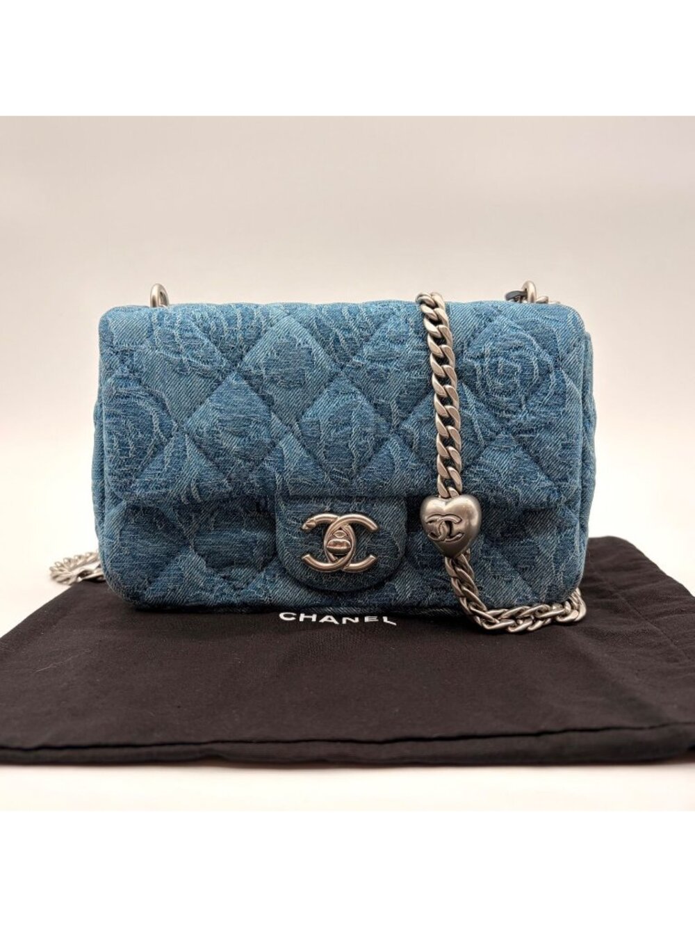 Chanel Shoulder Bag Mini Quilted Denim Heart Camellia CC Logo Turnlock Chain
